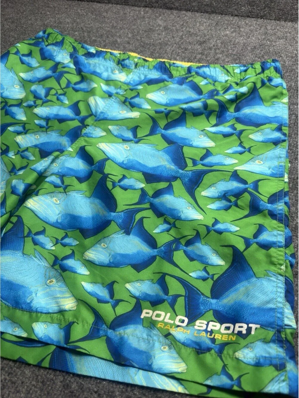 Y2K Polo Sport Ralph Lauren Fish Print Swim Trunks Men’s M Green Blue Resort